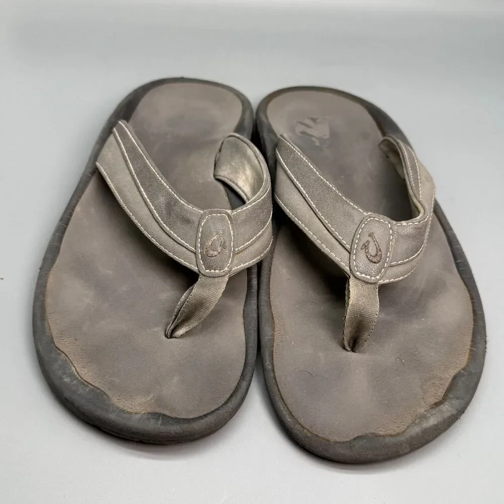 OluKai Ohana Koa Men's 12 Gray Leather Slip-On Flip Flop Sandals Comfort Shoes
